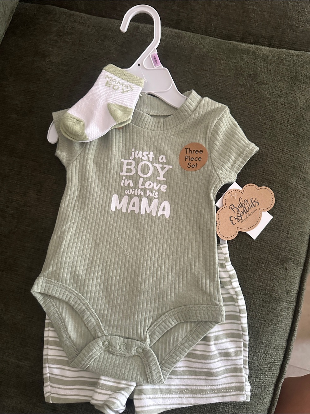 Baby Essentials Sage Green Ribbed One-Piece Set with Striped Shorts